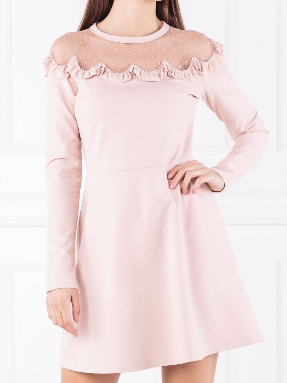 RED VALENTINO Ruffled Fit and Flare Mini Dress - L - Mesh, Blush Pink Nude